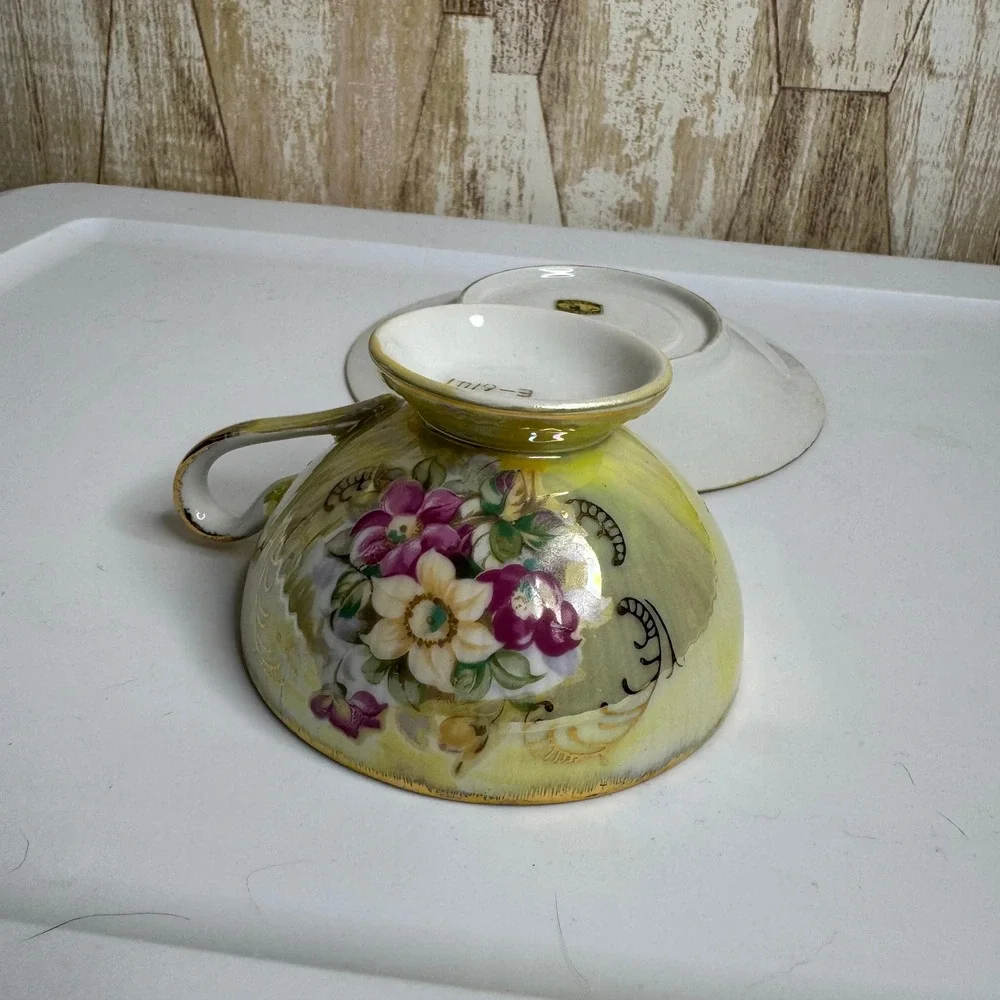 Inarco Japan E-6141 Yellow Lusterware Tea Cup and Saucer Set Floral Gold Trim